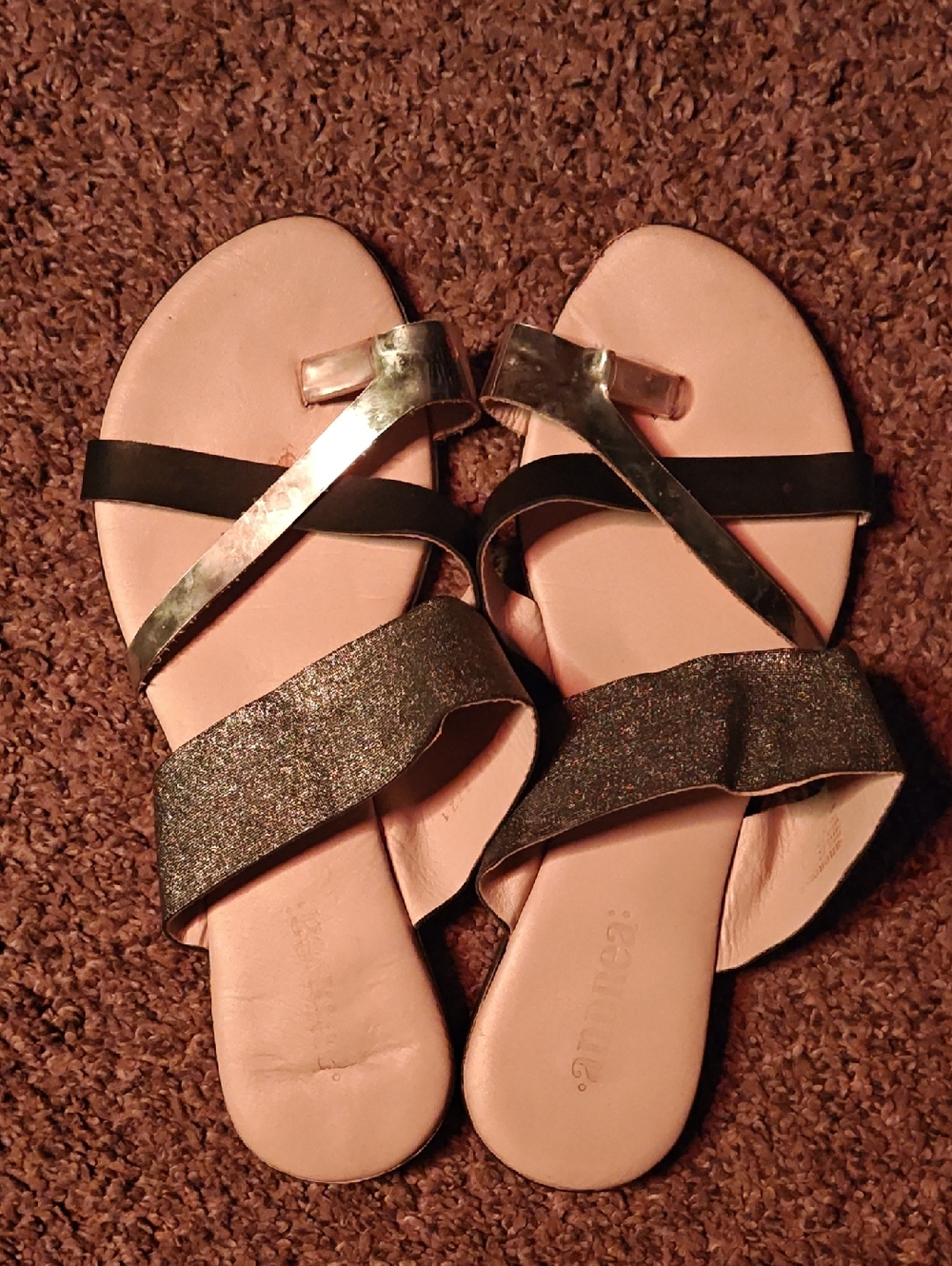 Target Women's Pink Slide Sandals with Black Straps and Gold Accent